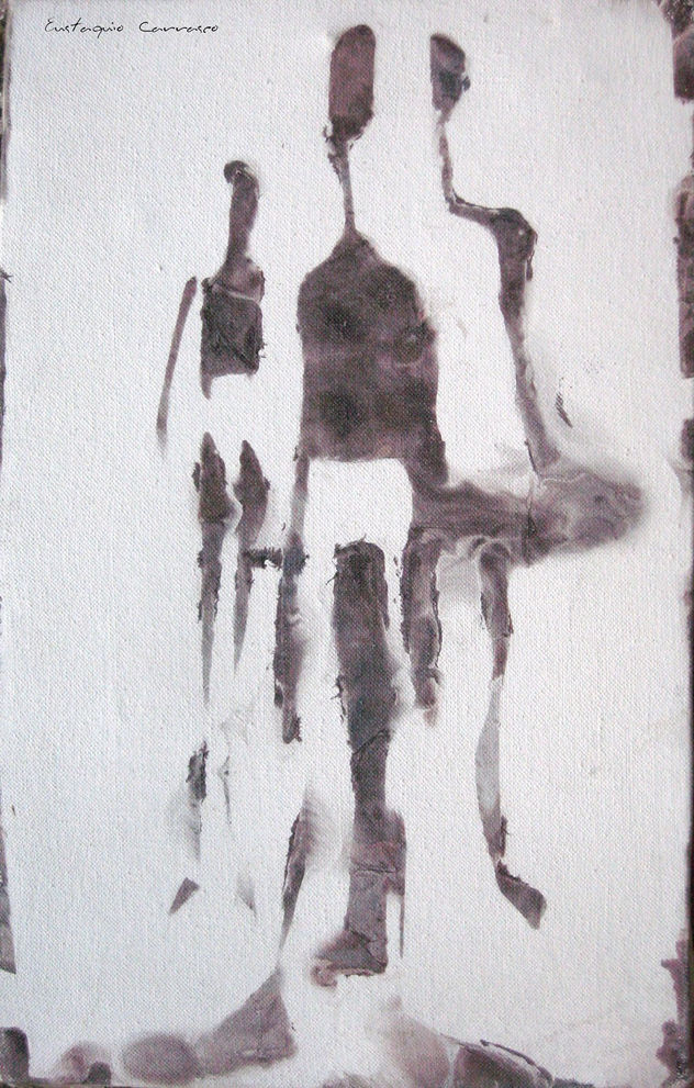 Tres personajes no identificados de pie, (Three people standing unidentified)