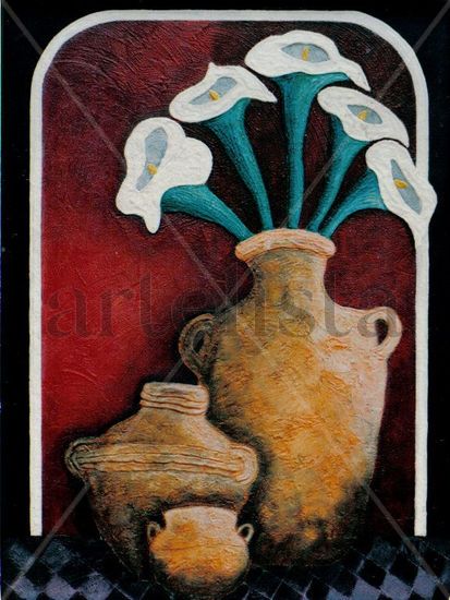 nicho con jarrones y alcatracez Mixed media Canvas Still Life Paintings