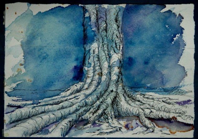 árbol sobre azul Acuarela Papel Paisaje