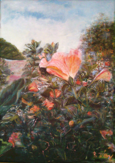 Hibiscus, en flor Oil Canvas Floral Painting