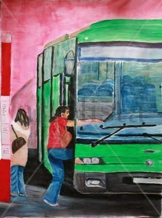 subiendo al autobus Acrylic Canvas Figure Painting