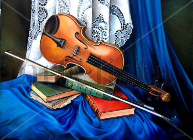 VIOLIN SOBRE LIBROS VIEJOS Óleo Lienzo Paisaje