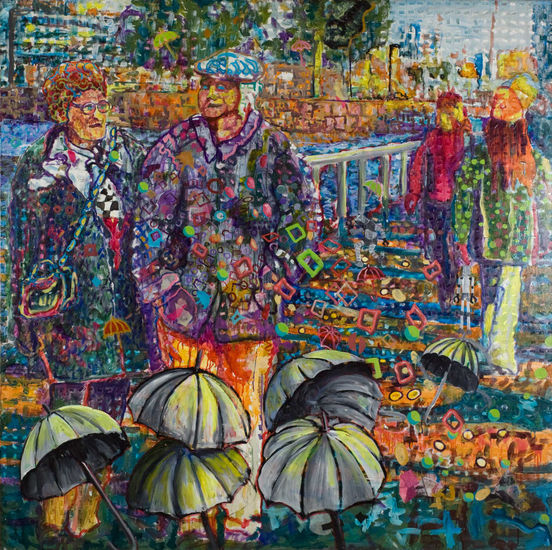 Paseo bajo la lluvia de capitales -acrilico- 150x150cm Acrílico Lienzo Otros