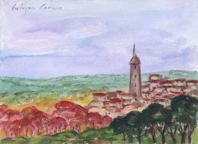 Pueblo, árboles rojizos y verdes, ( Village red and green trees) Watercolour Paper Landscaping