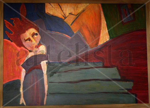 CIUDAD CON MUJER Y PUERTO Acrylic Panel Figure Painting