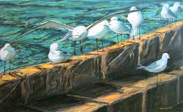 Gaviotas en el espigón Oil Canvas Marine Painting