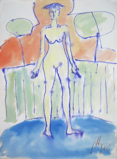 Desnudo femenino entre dos árboles, (Nude female between two trees.) Watercolour Card Nude Paintings