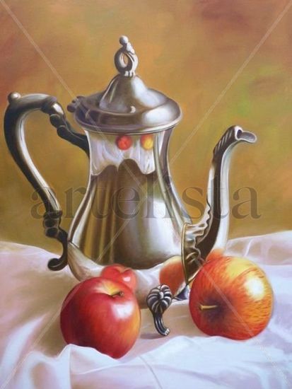 Cafetera y manzanas Oil Canvas Still Life Paintings