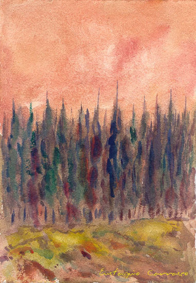 Cipreses sobre una loma, (Cypress trees on a hill) Acuarela Papel Paisaje