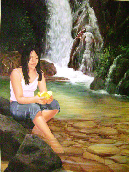 niña hondureña en cascada Oil Canvas Figure Painting