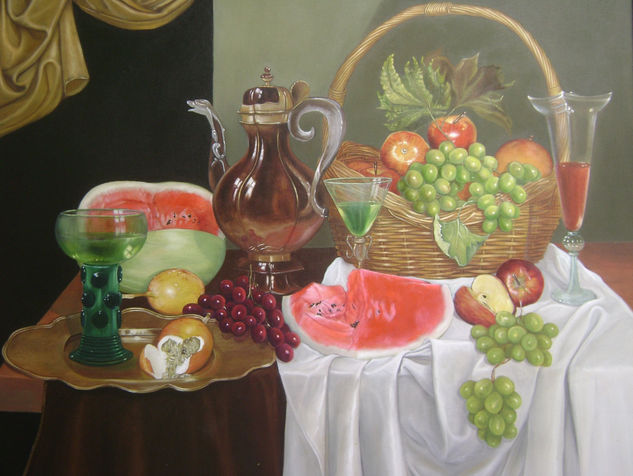 bodegon con jarron metalico Oil Canvas Still Life Paintings