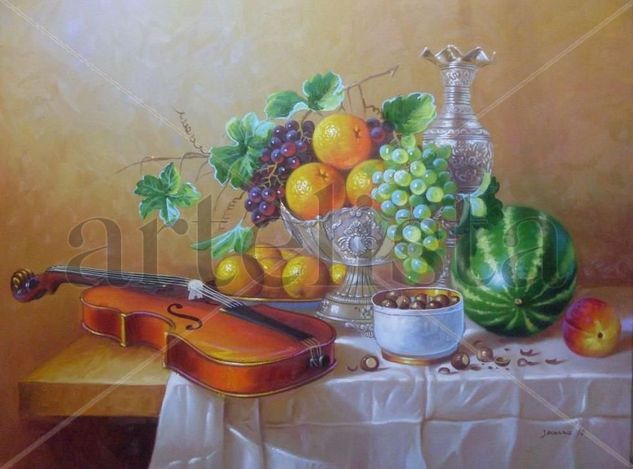 bodegon y violin Oil Canvas Still Life Paintings