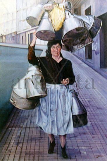 Leiteira con cacharros/Leiteira con potas/Milkmaid with pots. Óleo Lienzo Figura