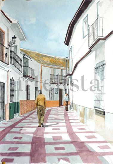 Calle de Aznalcázar Acuarela Papel Paisaje