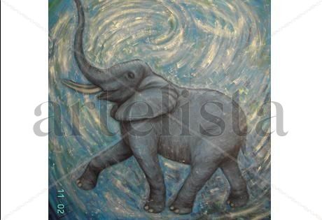 " El baño del elefante" Óleo Lienzo Animales