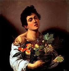 postal 10x15 cms. Caravaggio,muchacho con frutas 