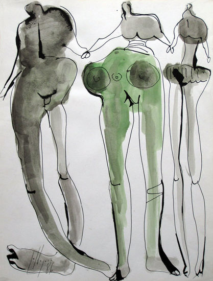 Tres personajes prepardos para danzar, (Three people ready to dance) Mixed media Card Figure Painting