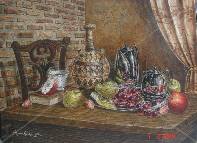 bodegon con ladrillos de fondo