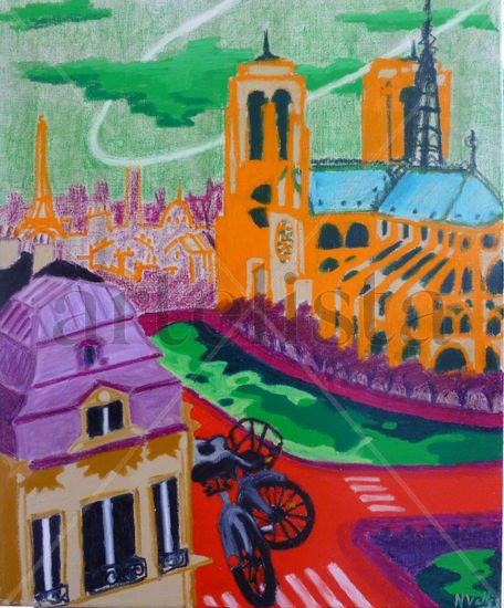 Notre Dame y bicicleta Oil Canvas Others