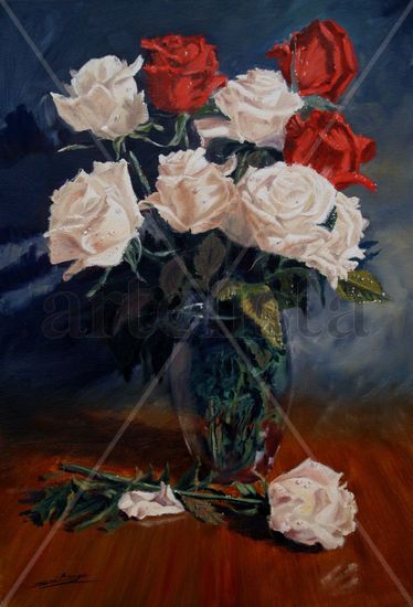 Rosas blancas y rojas Óleo Lienzo Floral