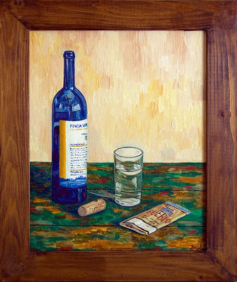 Bodegón con botella, vaso y tabaco Oil Panel Still Life Paintings