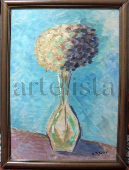 HORTENSIA EN JARRÓN Oil Paper Floral Painting