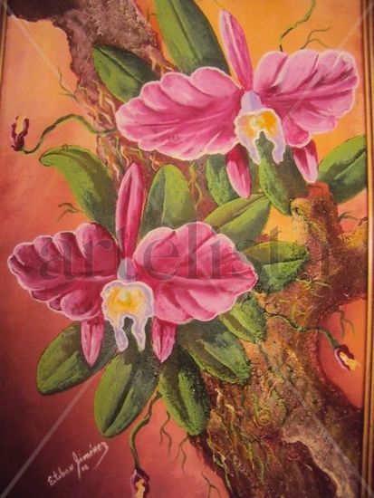 orquidea en el tronco Acrylic Canvas Floral Painting