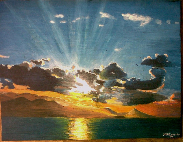 "Puesta de sol" Gouache Panel Marine Painting