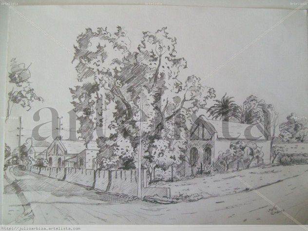 Dibujo. casa con árboles de palta