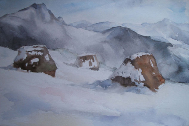 Teitos nevados en Somiedo (Asturias) Watercolour Paper Landscaping