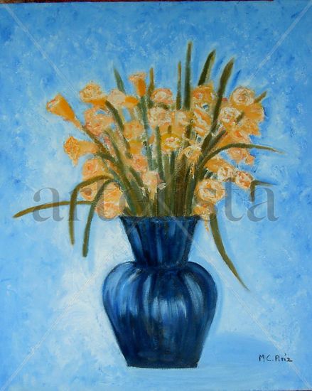 Jarrón  azul con flor de San Juan Oil Canvas Floral Painting