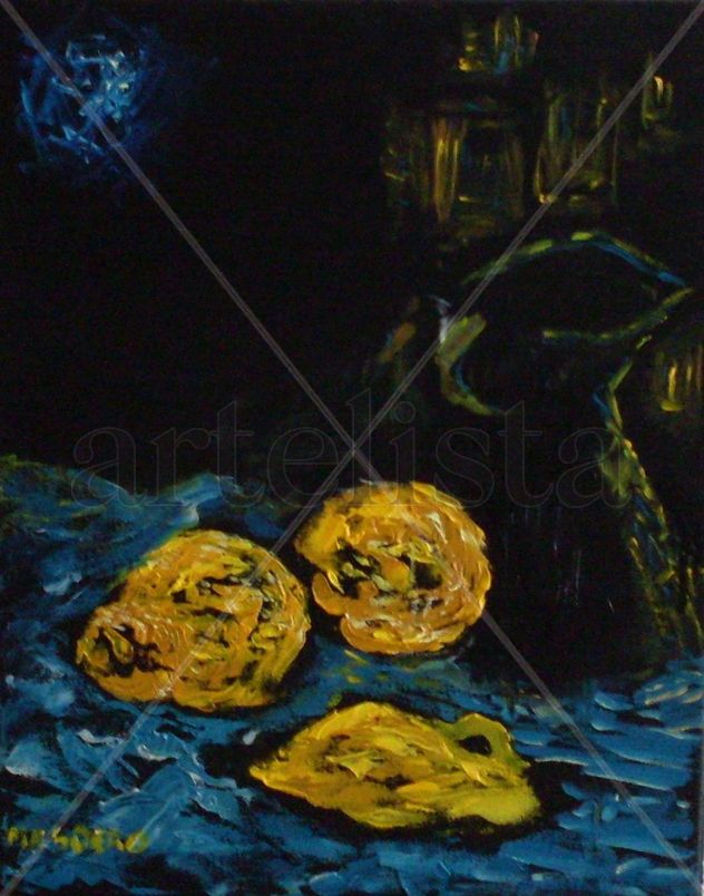 naturaleza con tres frutos y jarra