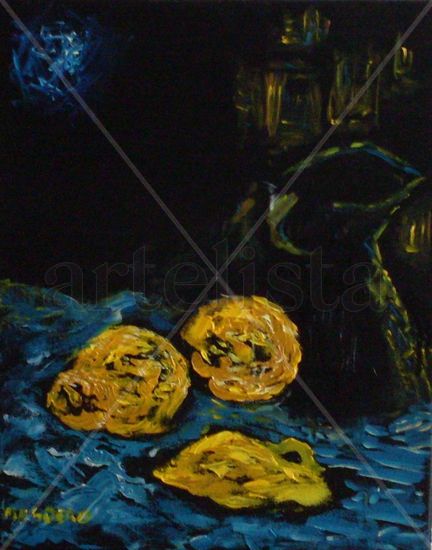 naturaleza con tres frutos y jarra Oil Canvas Still Life Paintings