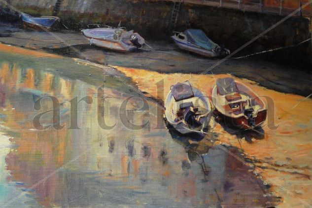 Barcas en Llanes. Oil Panel Marine Painting