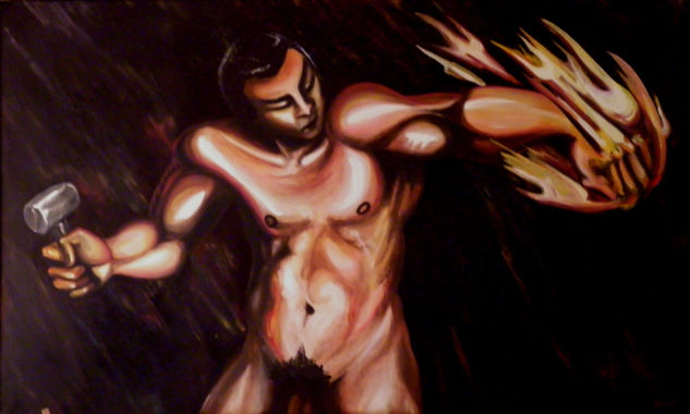 Hombre con Mano de Fuego Oil Textile Nude Paintings