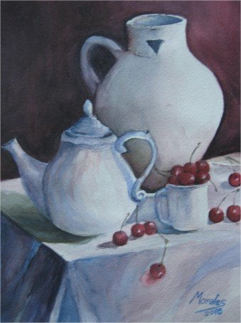 Té con cerezas Watercolour Canvas Still Life Paintings