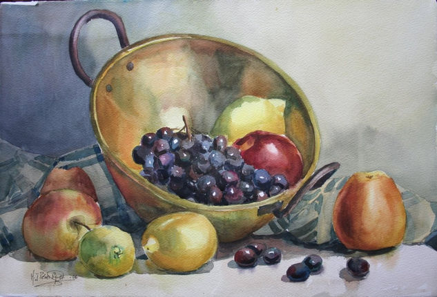 Frutas sobre metal Watercolour Paper Still Life Paintings