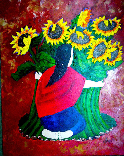 la nina de los girasoles Oil Canvas Others