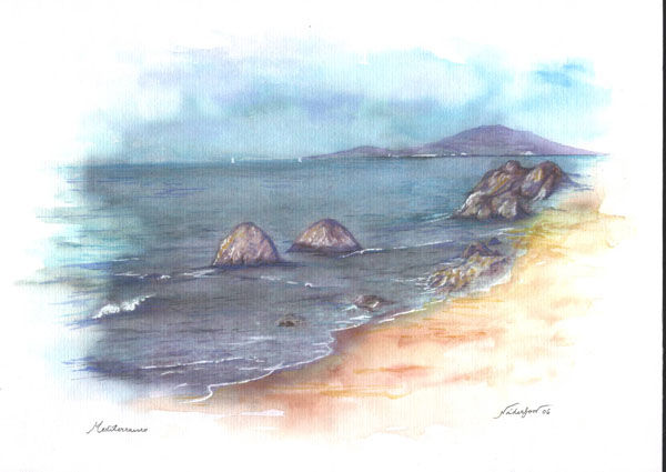 Mediterraneo Acuarela Papel Paisaje