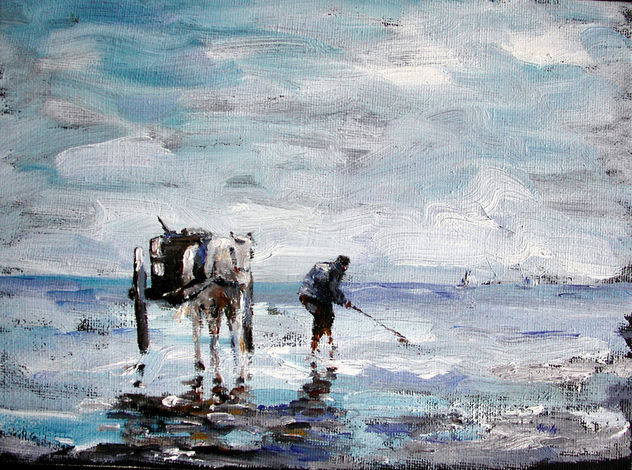 pescador con caballo en la playa, fischer mit perd und wagen am strand