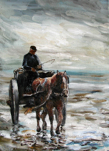 Carro de caballo con persona sentada / Pferdewagen mit lenker in abendlicher meereslandschaft Oil Canvas Figure Painting