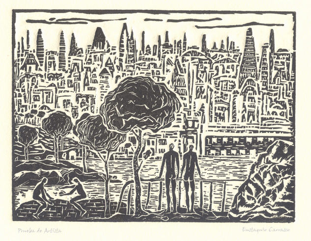 Contemplando la ciudad Linocut