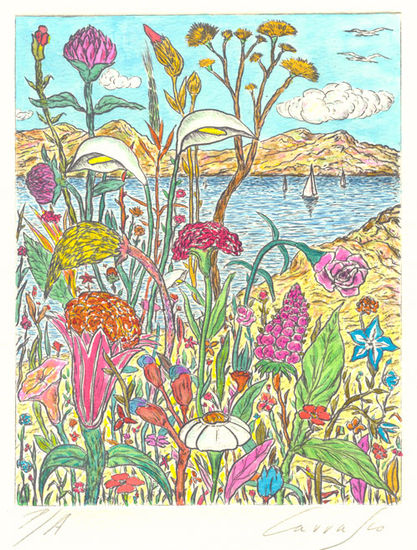 Flores junto al lago Collagraphy