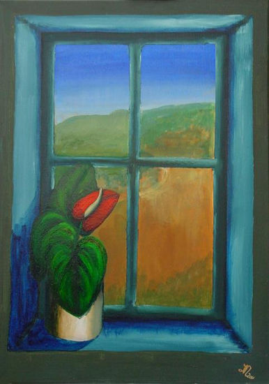 Ventana con anthurium - Fenster mit Anthurium Oil Canvas Landscaping