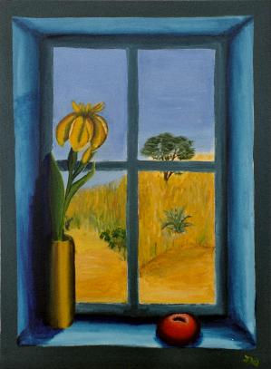 Ventana con iris - Fenster mit Schwertlilie Oil Canvas Landscaping