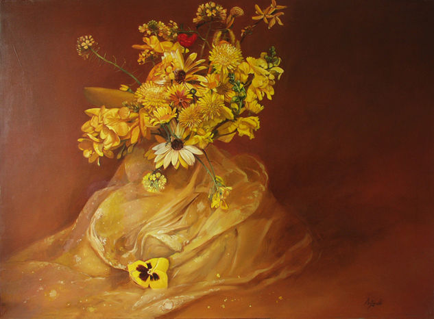 ''Fiori  gialli '' di Lorenzo Antognetti Oil Textile Floral Painting