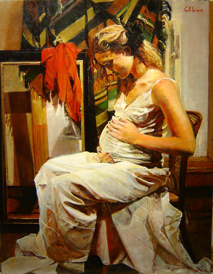 Esperando el Nacer (Serie) Oil Panel Figure Painting