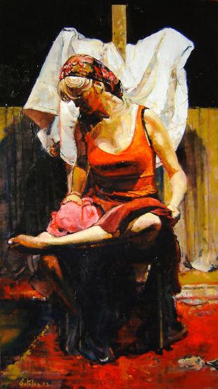 Gitana aseando sus pies Oil Panel Figure Painting