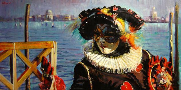 La Mascara con Sombrero Oil Panel Figure Painting