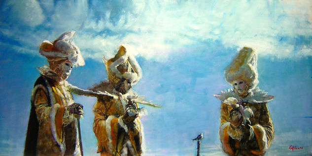 Tres Mascaras y un cielo Azul Oil Panel Figure Painting